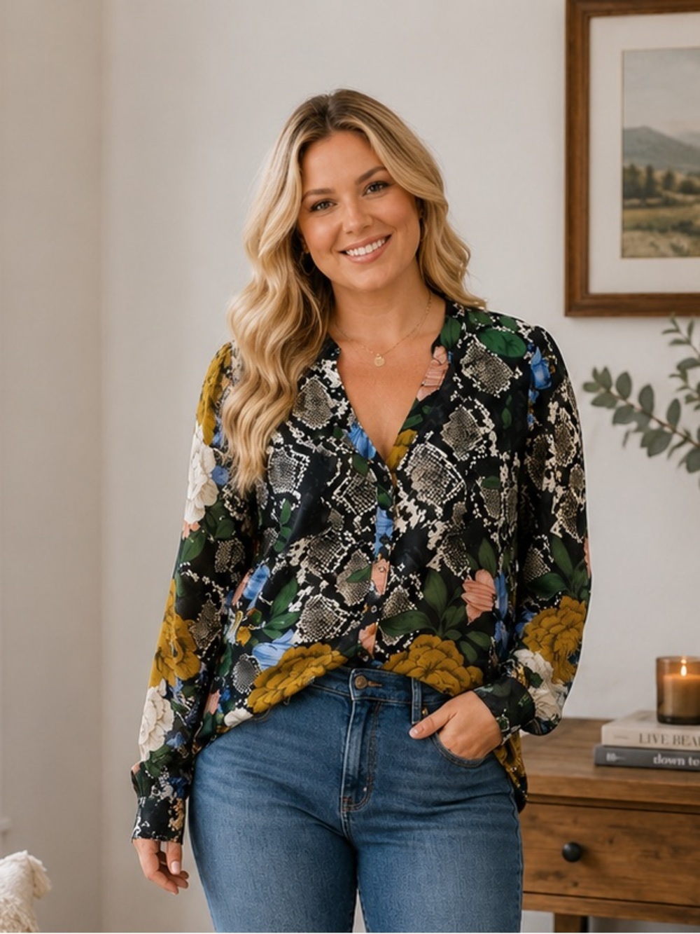 Cabi Snake Charmer Floral Blouse Long Sleeve Women's Size Medium M